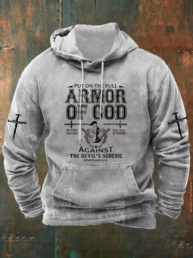 Men's Faith Cross Put on The Full Armor of God Printed Casual Hoodie