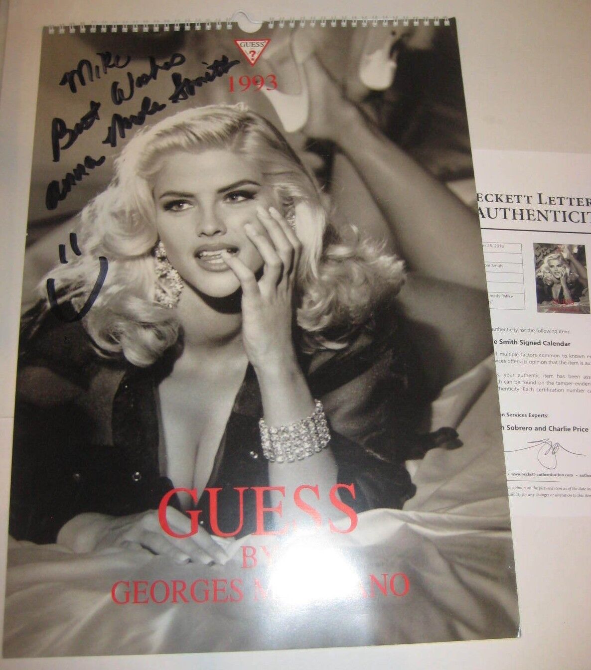 ANNA NICOLE SMITH Signed 1993 GUESS Calendar Beckett LOA - Full Name Signature