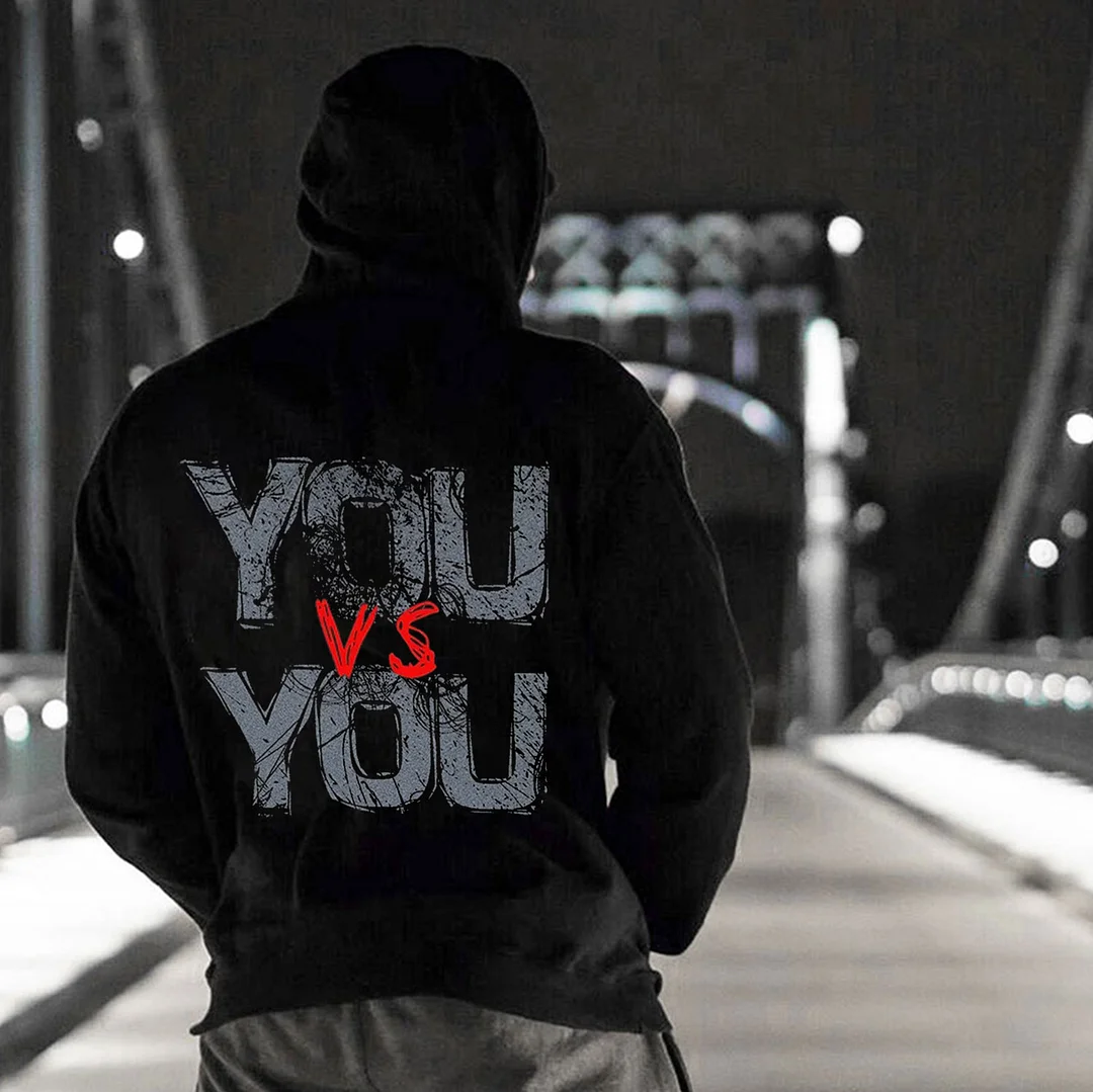 YOU VS YOU Vintage Washed Letter Casual Black Print Hoodie