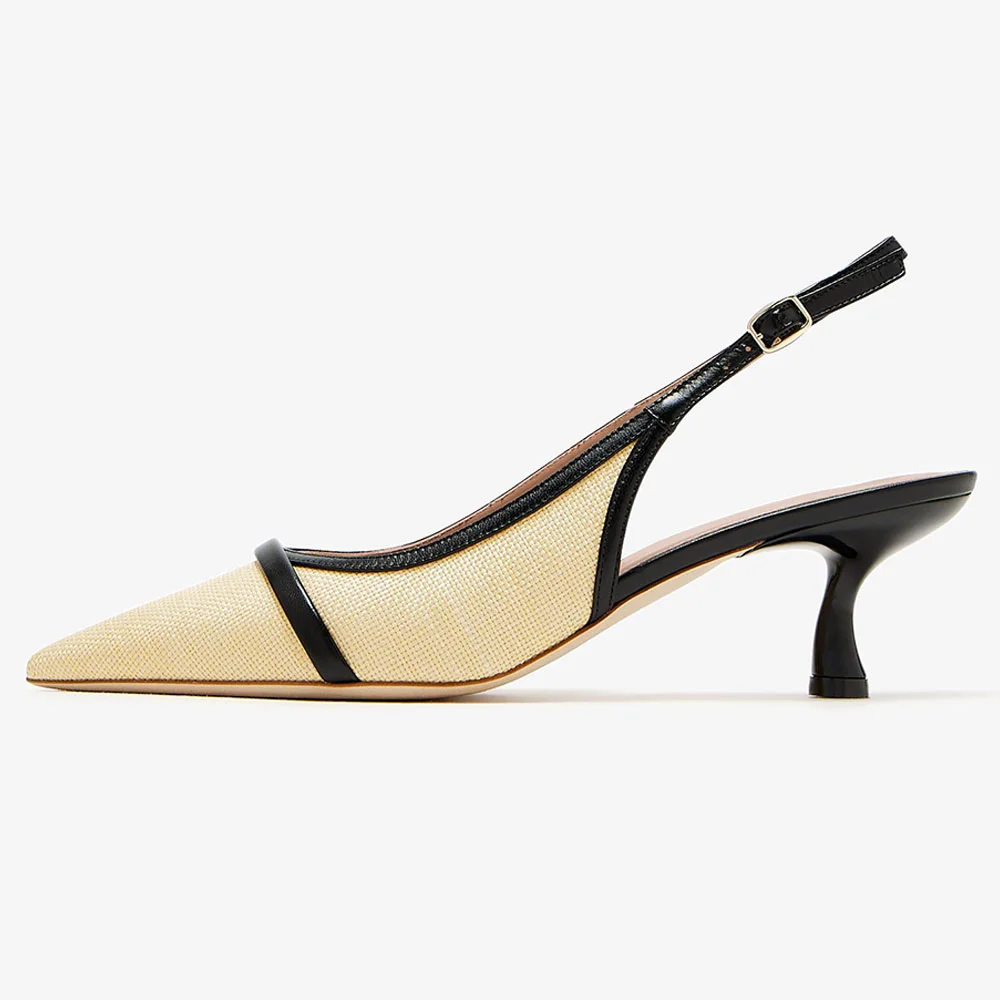 Beige Raffia Pointed Toe Kitten Heel Elegant Slingback Pumps