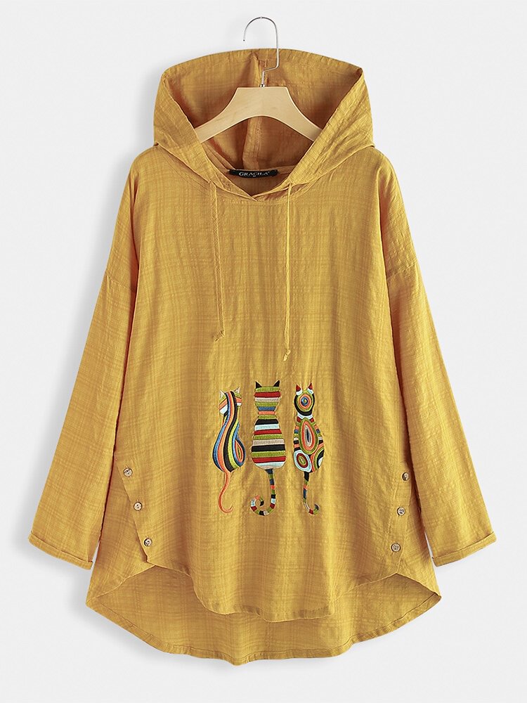 Cartoon Cat Embroidered Plaid Hooded Long Sleeve Blouse P1639324