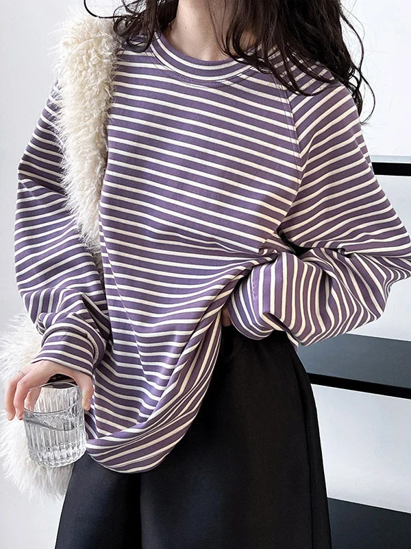Long Sleeves Loose Contrast Color Striped Round-Neck Sweatshirt Tops