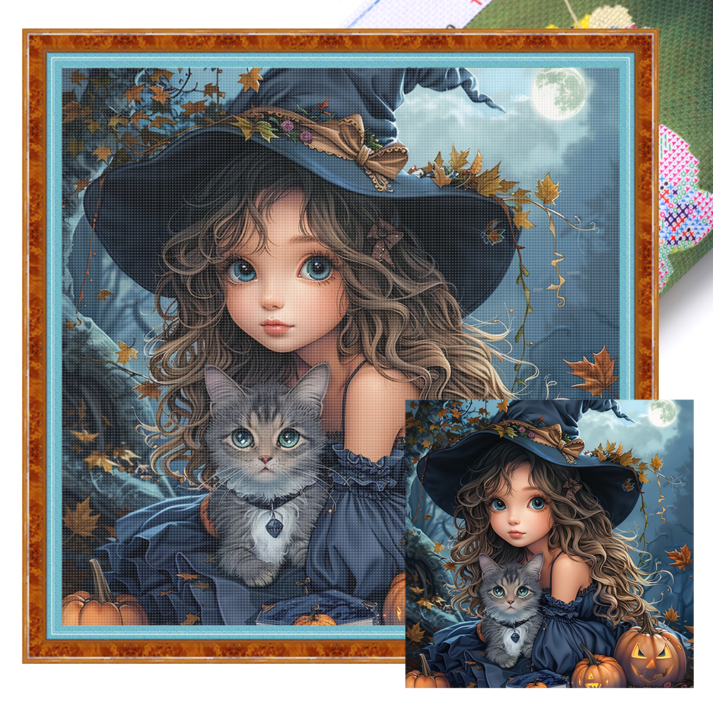 Little Witch And Cat Full 14CT Pre-stamped Canvas(50*50cm) Cross Stitch