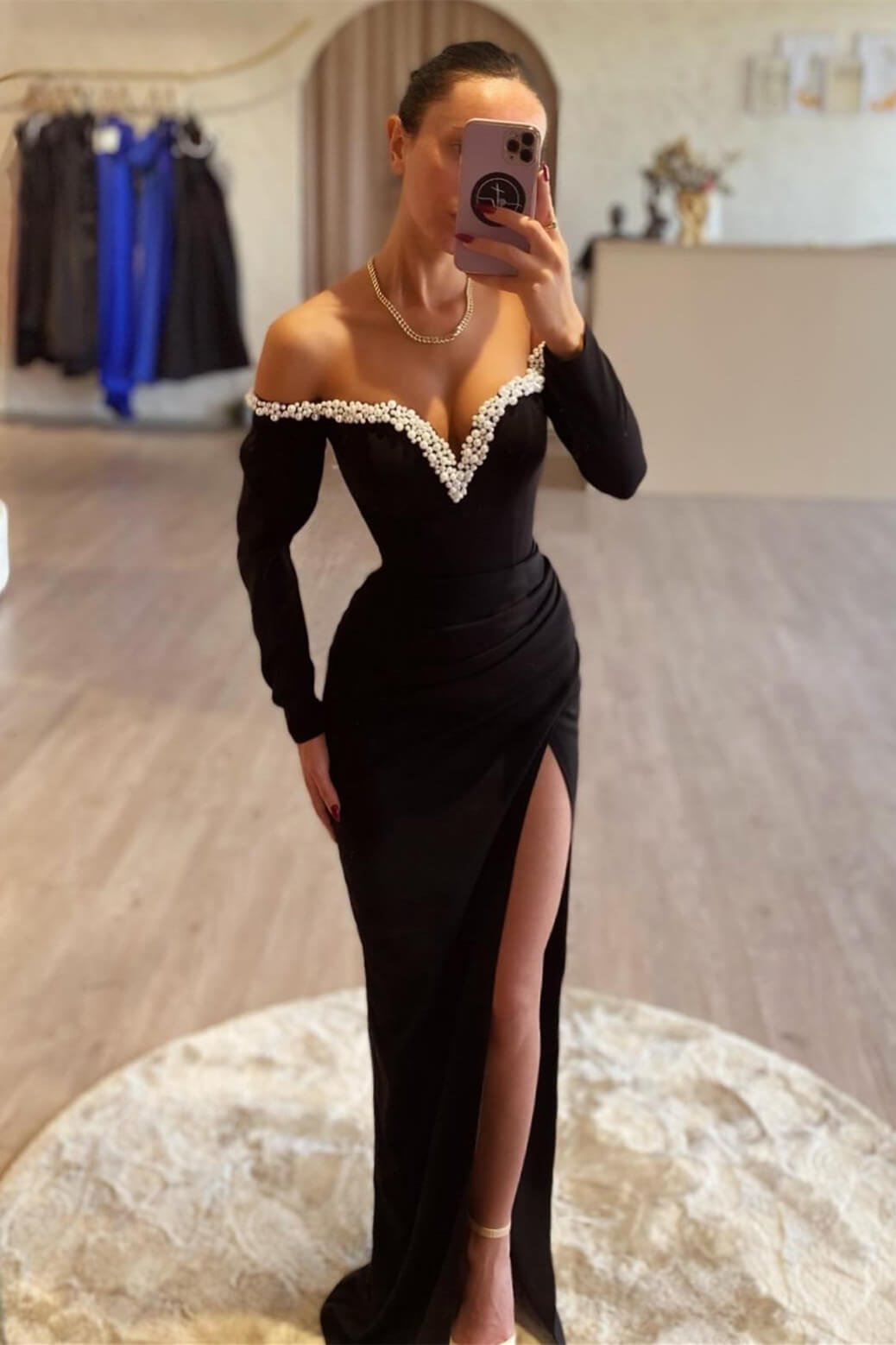 Bellasprom Black Long Sleeves Pearl Evening Gowns Off-the-Shoulder High Split V-Neck