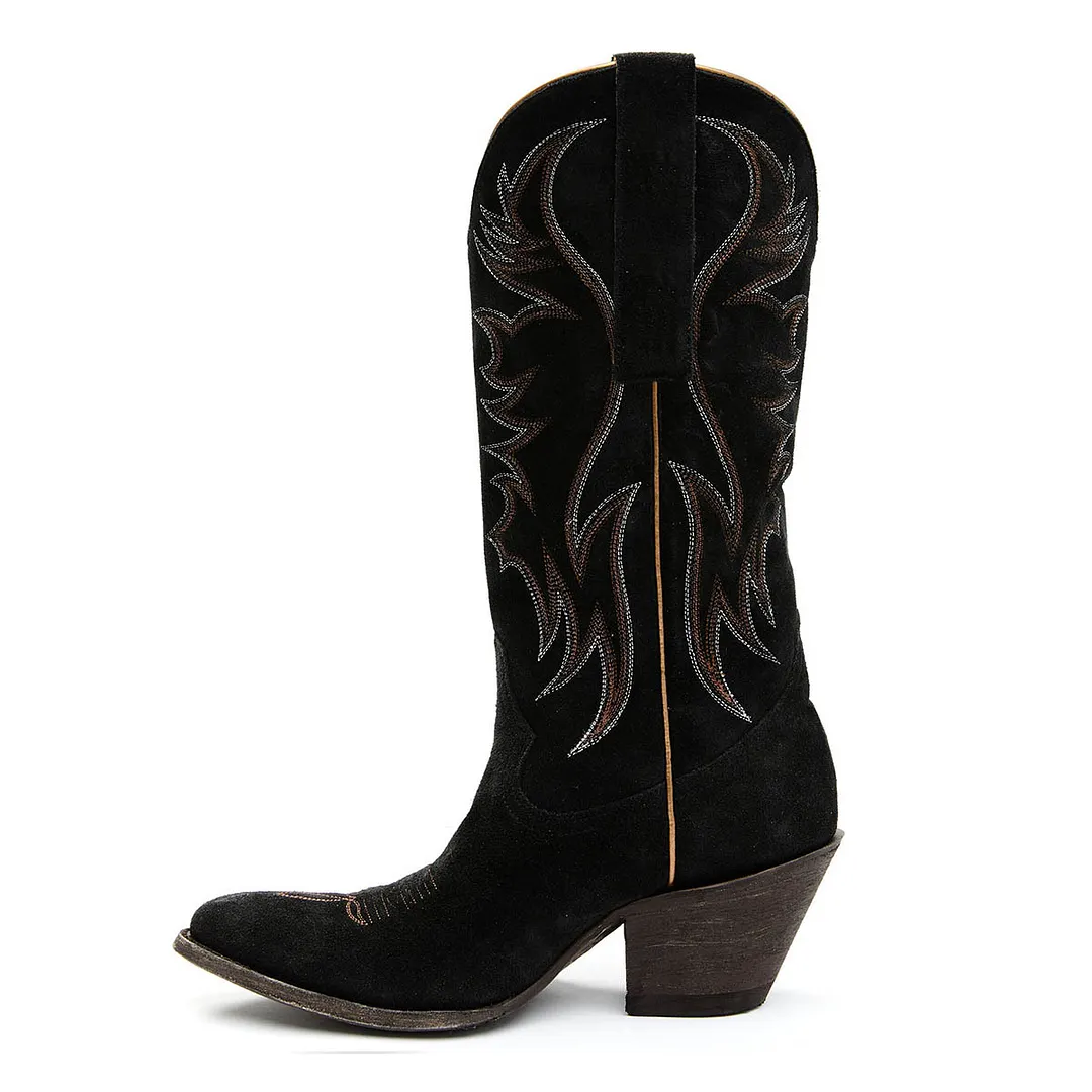 Black Pointed Toe Chunky Heel Wide Calf Cowgirl Boots with Embroidery