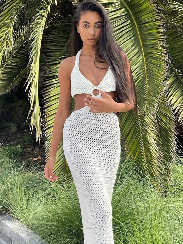 Jacqueline Beach Knit Sexy Bodycon Summer Dress 2022 Evening White Halter Party Cut Out Midi Women elegant Dresses y2k clothes