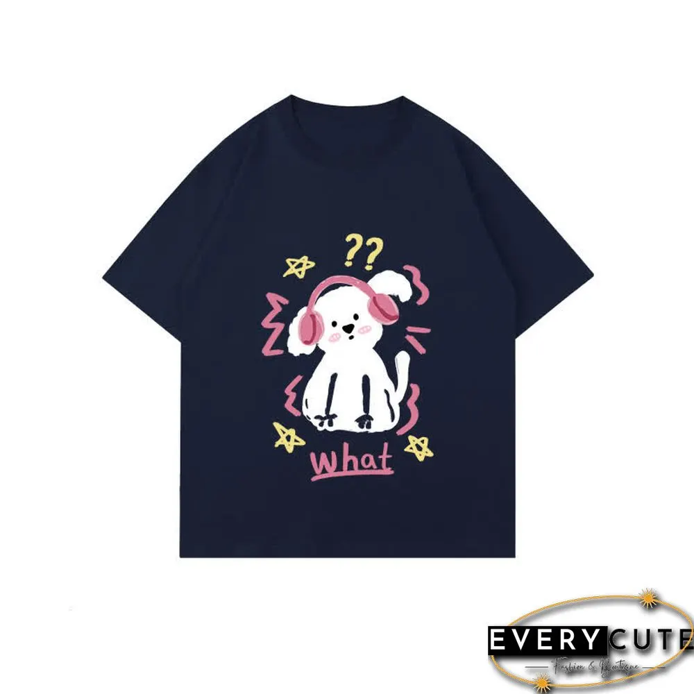 Kawaii Letter Puppy Print Round Collar Oversized T-Shirt