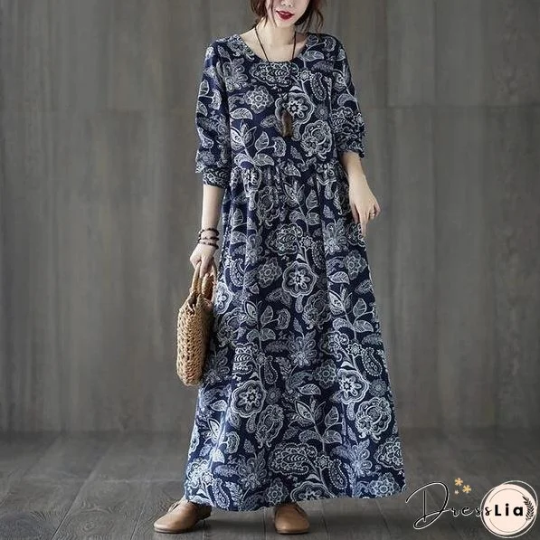 long sleeve cotton linen plus size vintage floral for women casual loose autumn dress