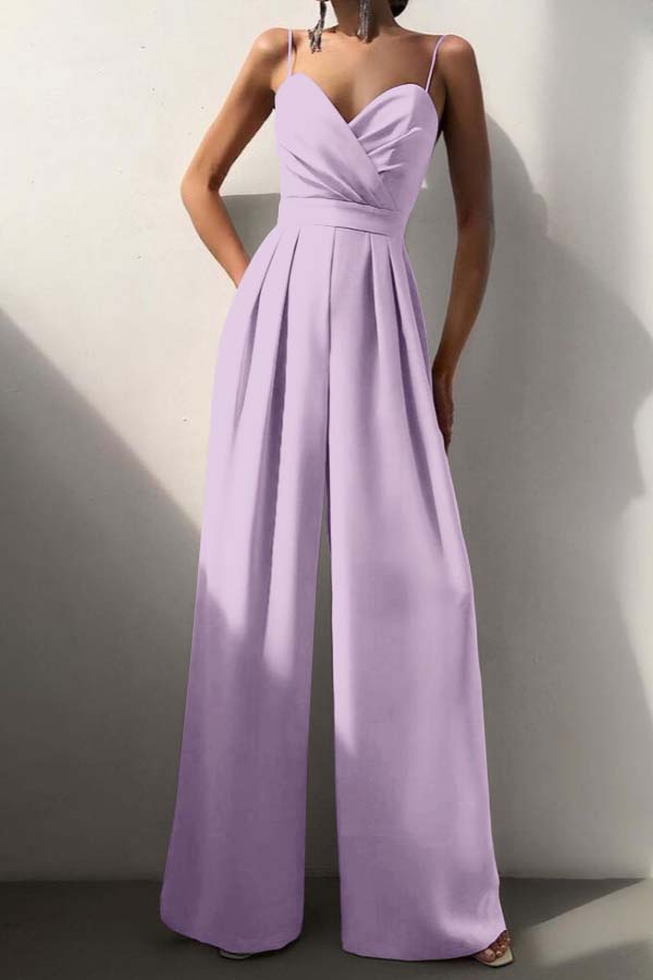 Hidais Chic Lilac Sweetheart Spaghetti Strap Sleeveless Pleated Long Wid-Leg Jumpsuit
