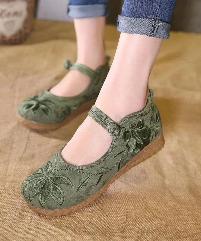 Chic Buckle Strap Flat Feet Shoes Green Embroideried Cotton Fabric