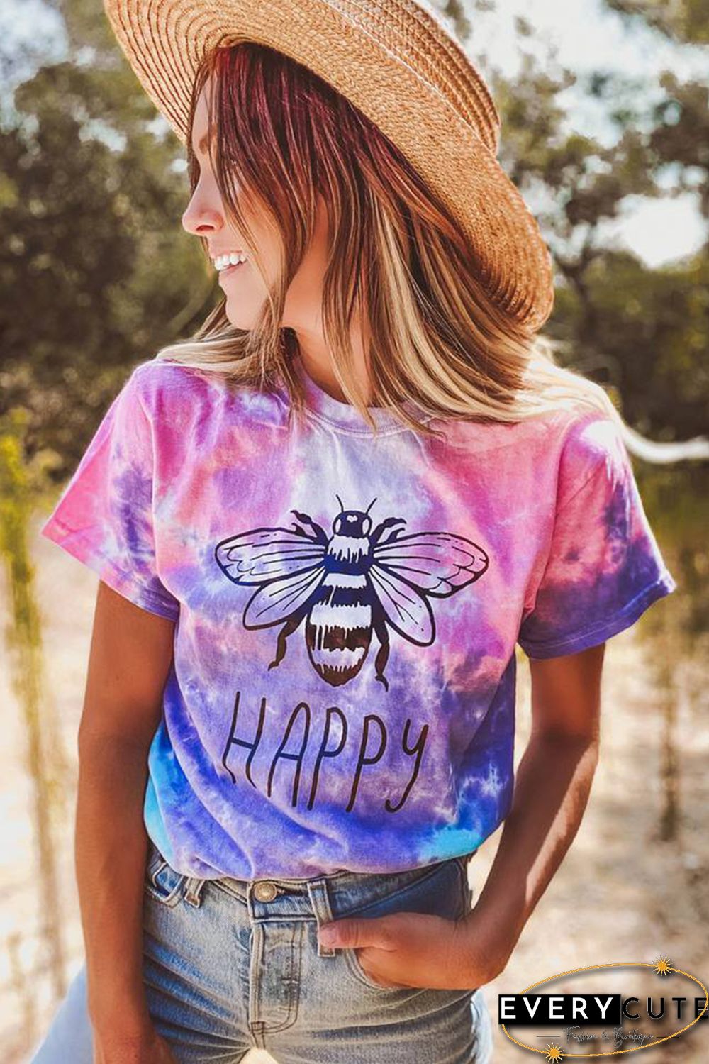Pink Bee Happy Graphic Tie-dye Cotton Blend Tee