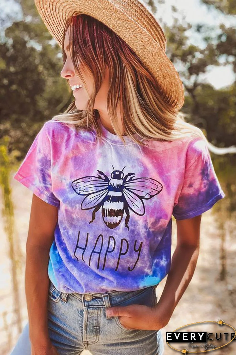 Pink Bee Happy Graphic Tie-dye Cotton Blend Tee