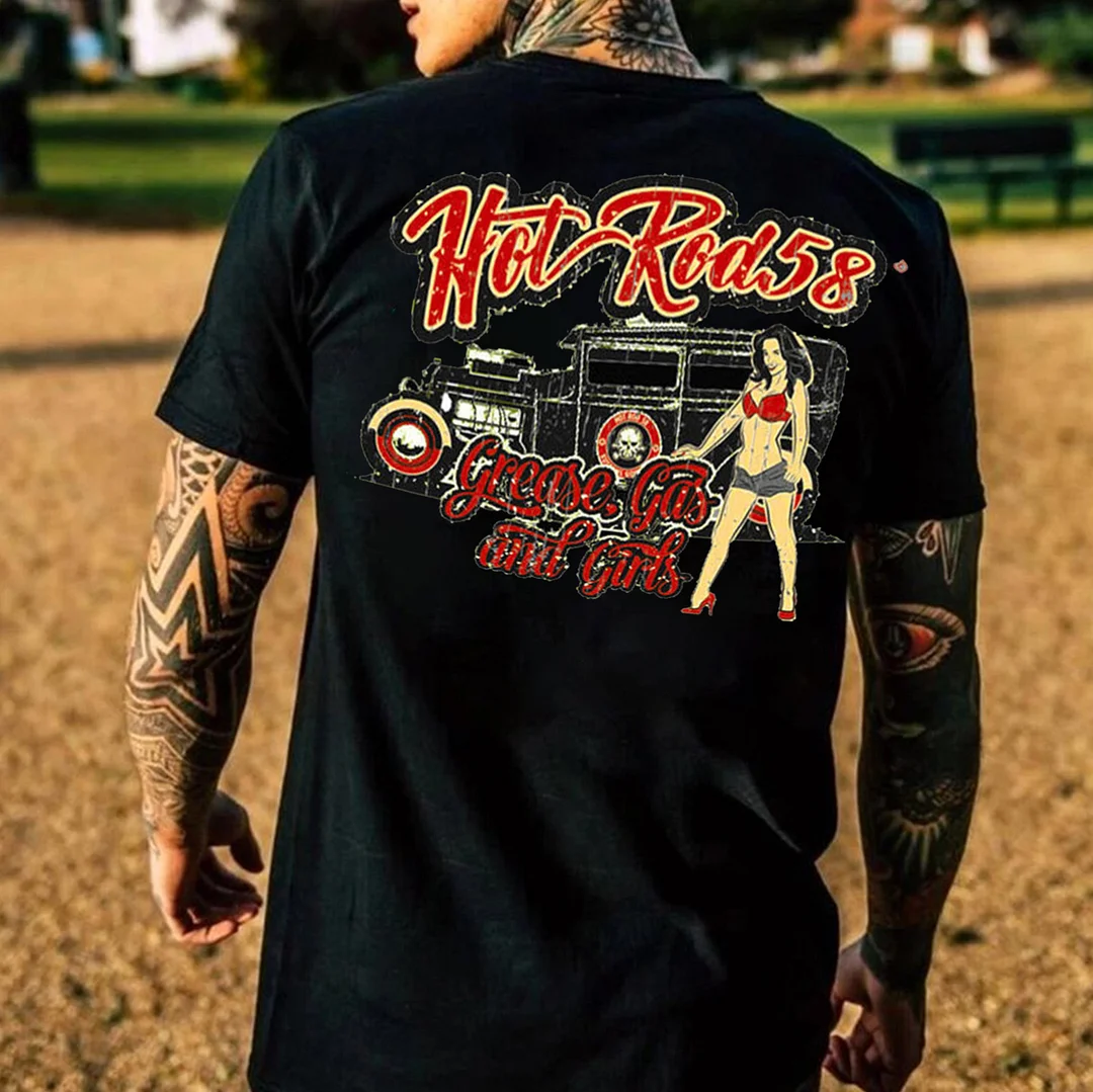 HOT ROD 58 GREASE GAS AND GIRLS Sexy Lady Classic Car Print Men's T-shirt