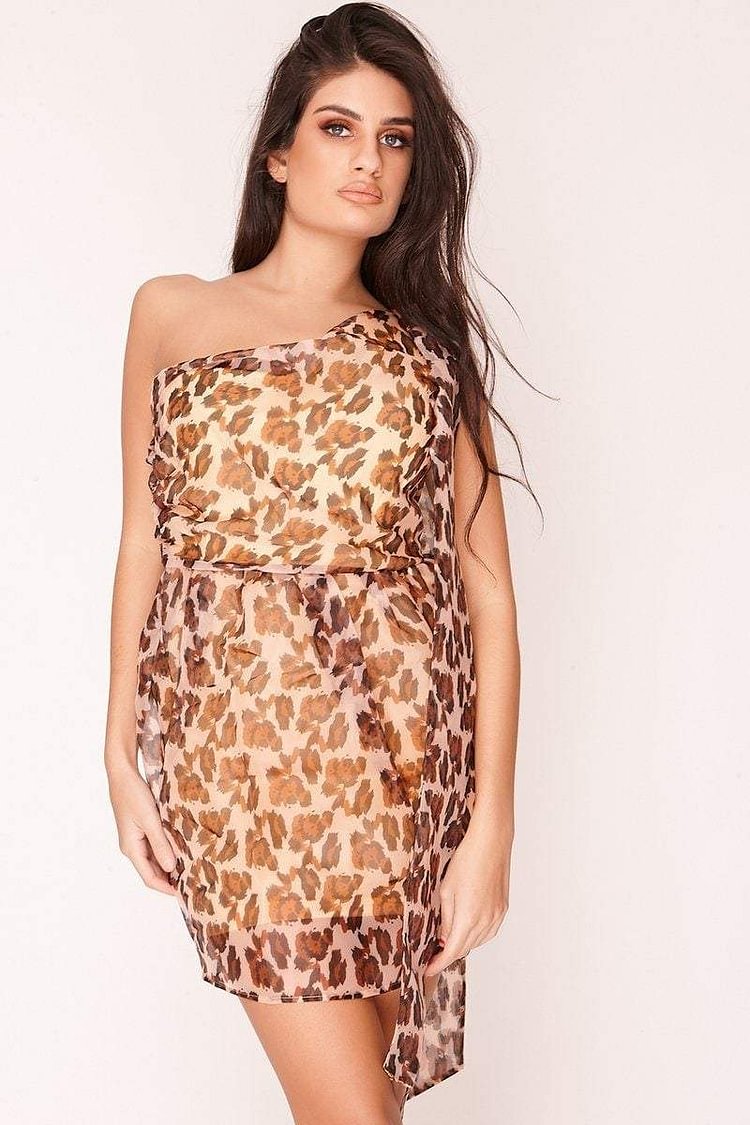 Brown Leopard Print One Shoulder Dress Katch Me