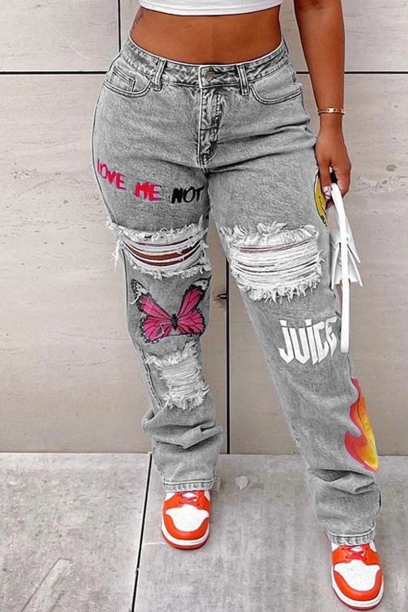 Casual Street Print Ripped Split Joint Straight Denim Jeans