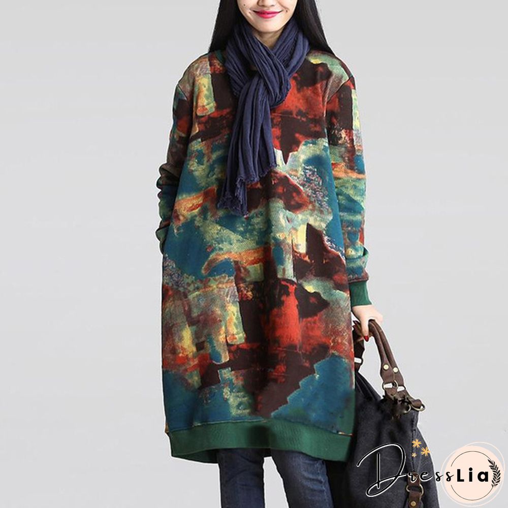 Autumn Winter Women Printed Midi Dress Tunic Long Sleeve Pockets Warm Vintage Casual Loose Long Sweatshirt Dress Plus Size