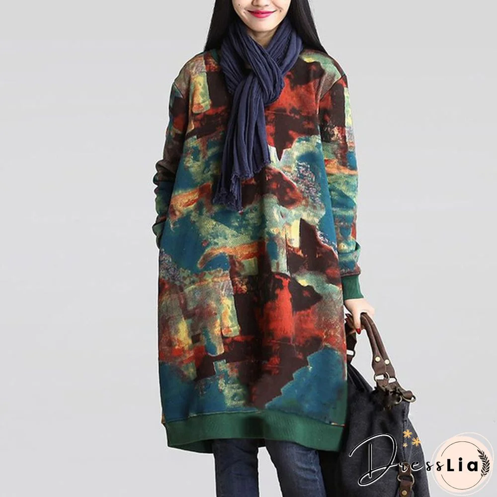 Autumn Winter Women Printed Midi Dress Tunic Long Sleeve Pockets Warm Vintage Casual Loose Long Sweatshirt Dress Plus Size
