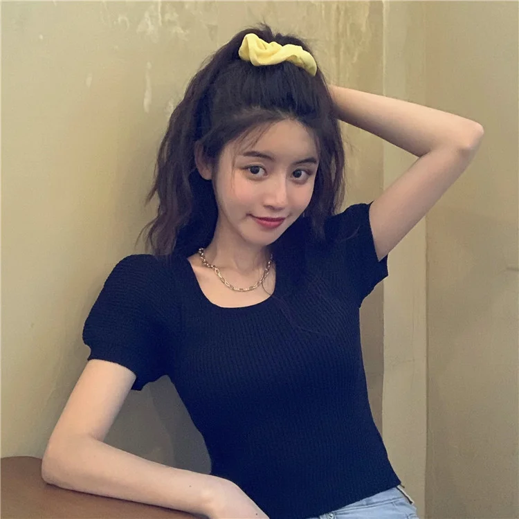 Uveng Uveng New Chic Temperament Slimming Foam Sleeve Round Collar Knitted Short-Sleeved T-Shirt White Blouse Tide