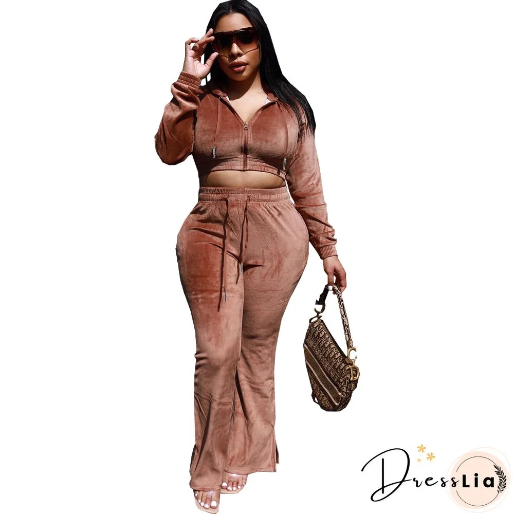 Zipper Hooded Jacket Flare Pants Velvet Two Piece Set
