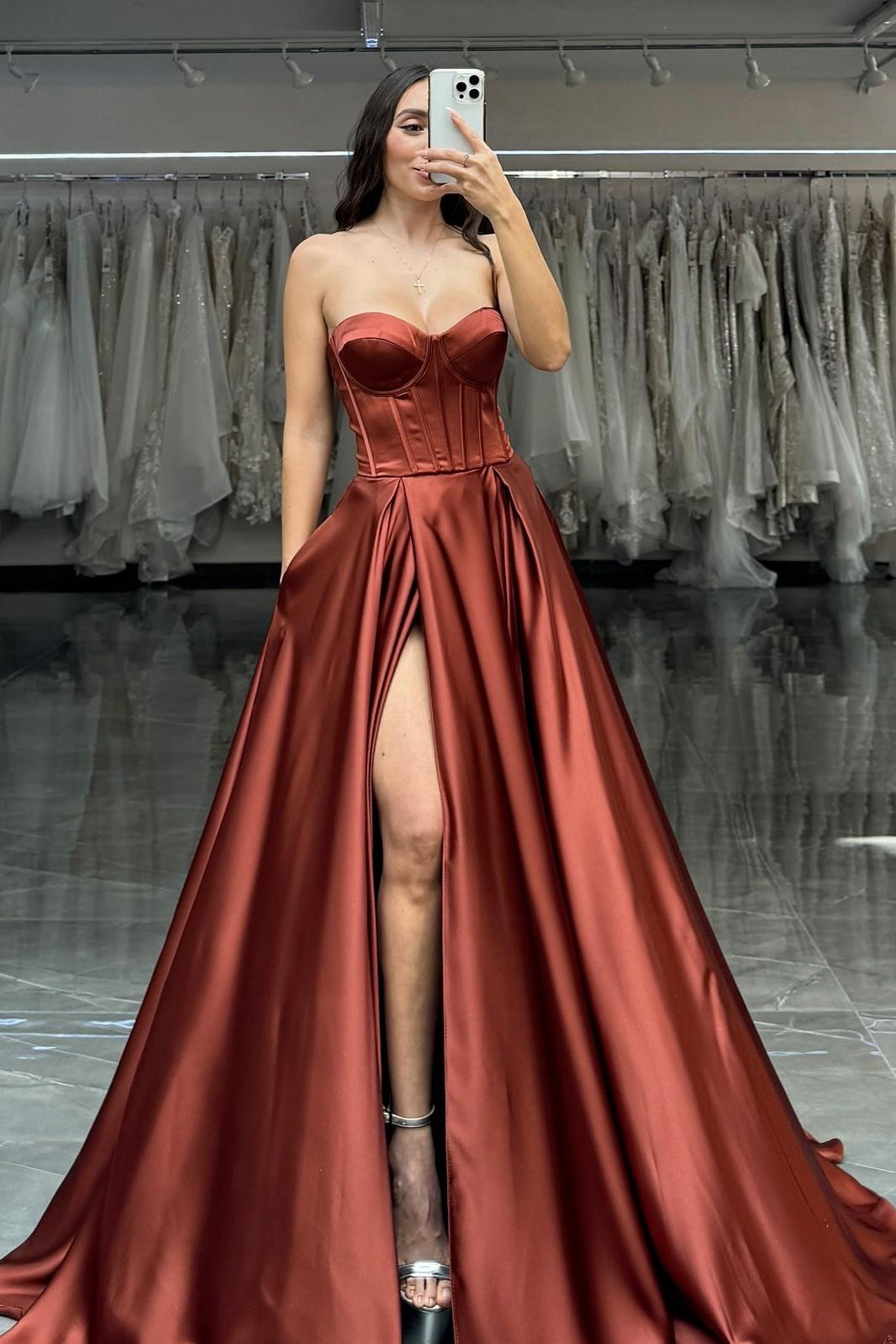 Simple Satin Strapless Sweetheart Sleeveless Long Pleated Prom Dress with Pleated | MS0264 