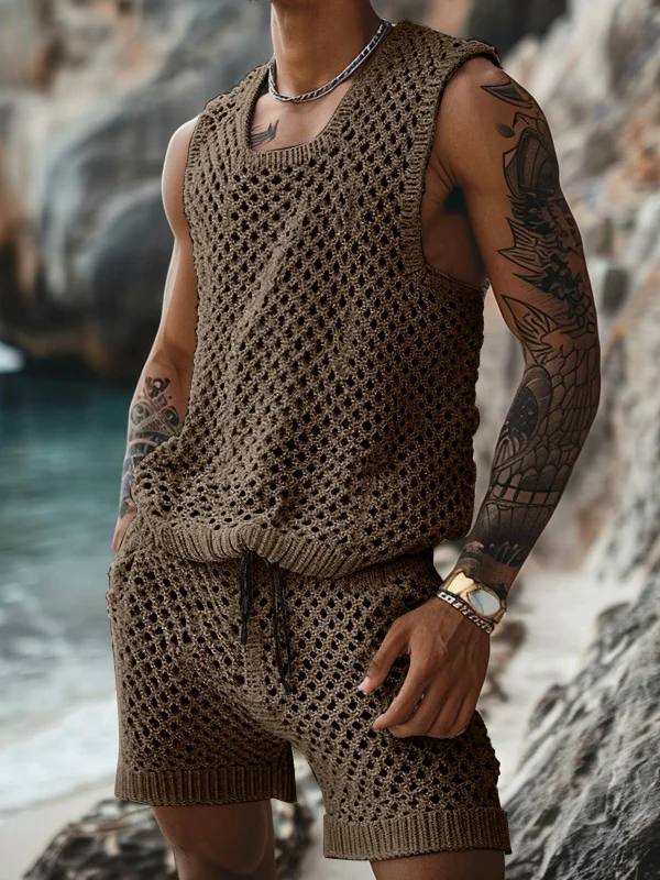 Men's Casual Hollow Out Knit Tank Top Drawstring Shorts Matching Set