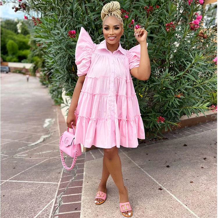 Uveng Dress High Waist Retro Pleated Puff Sleeve Loose Women's Shirt