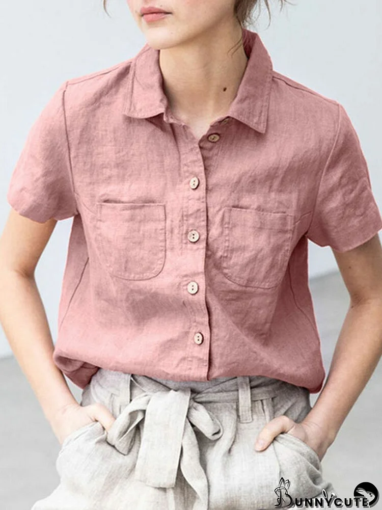 Solid Button Pocket Lapel Short Sleeve Casual Cotton Shirt