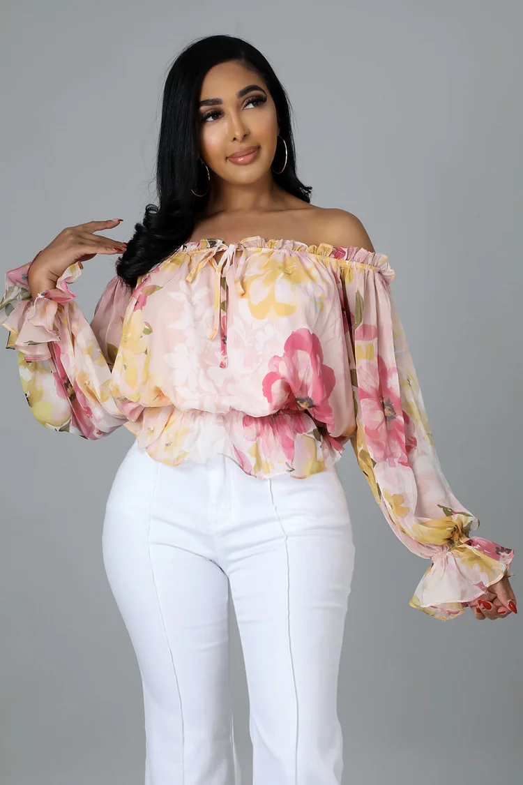 Off Shoulder Flared Long Sleeve Chiffon Cropped Top