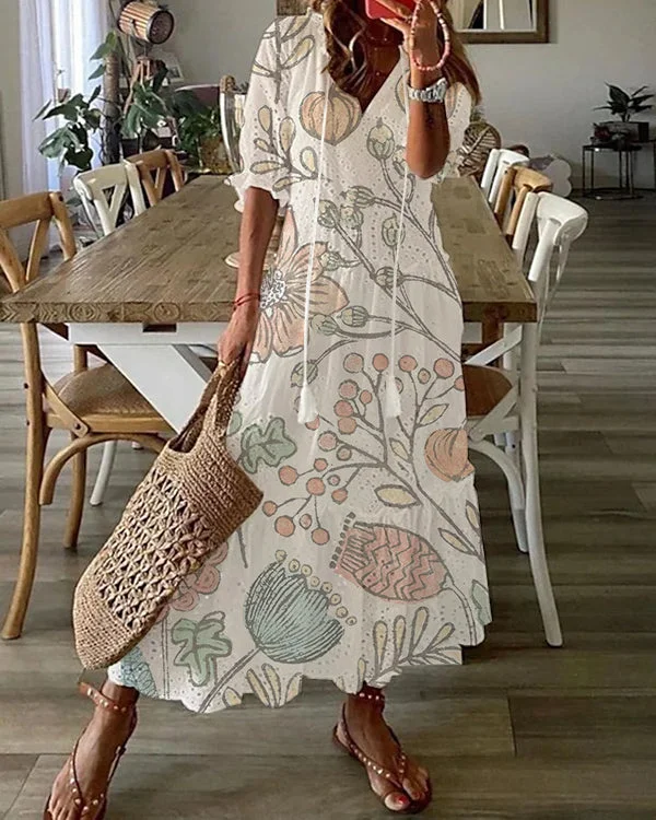 Bohemian V-Neck Print Drawstring Short Sleeve Midi Dress