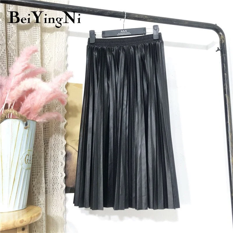 Beiyingni PU Leather Skirt High Waist Midi Pleated Vintage Fashion Solid Color Korean Streetwear Skirts Womens OL Casual Faldas