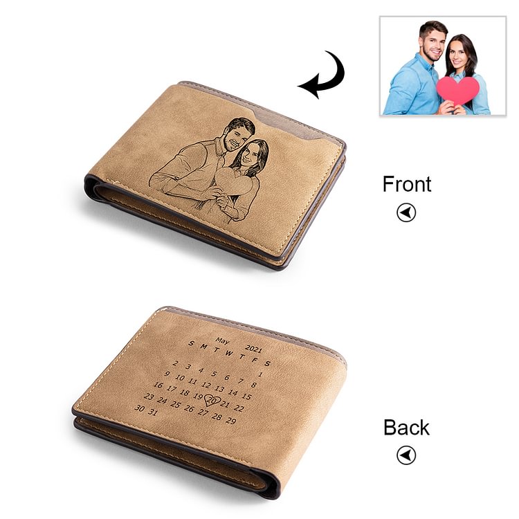 Custom Photo Wallet with Calendar Engraved on the Back - Gift for Him