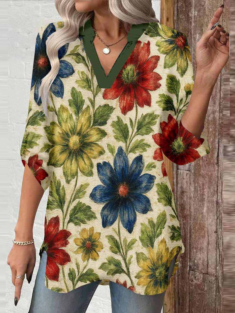 Women Floral, Yellow, Red, Blue DZGA0204 3/4 Sleeve V-neck Printed Graphic Button Tops