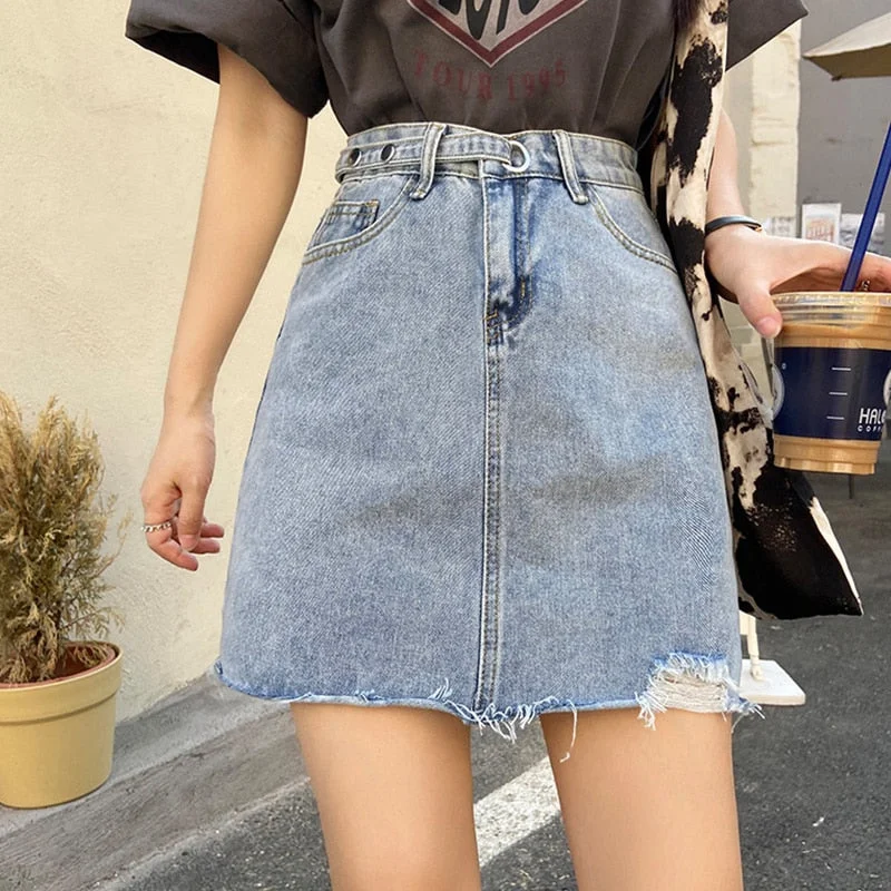 Ailegogo New Spring Summer Women High Waist Hole Tassel Mini Denim Skirt Casual Female A-line Retro Ladies Jeans Short Skirts