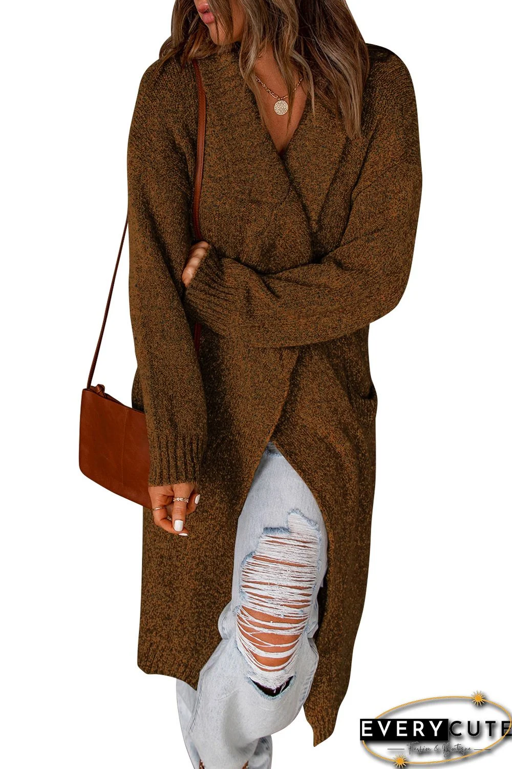 Brown Shawl Collar Belted Knitted Long Sweater