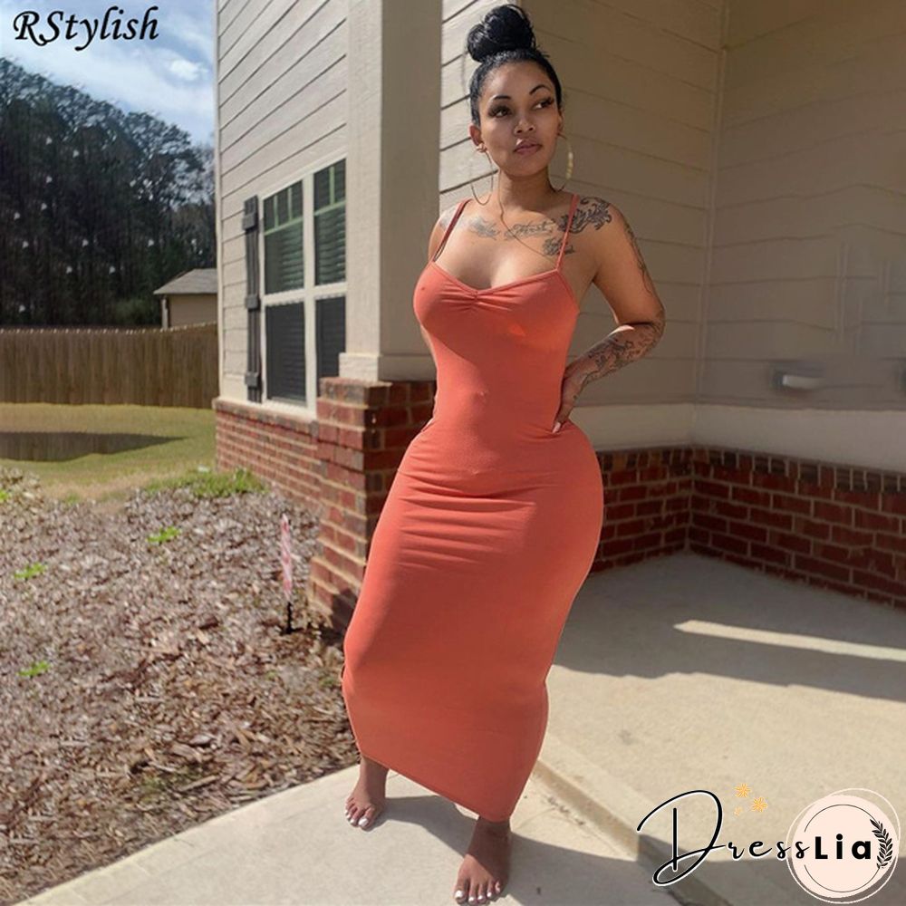 Elegant Women Solid Color Spaghetti Strap Sheath Long Dress