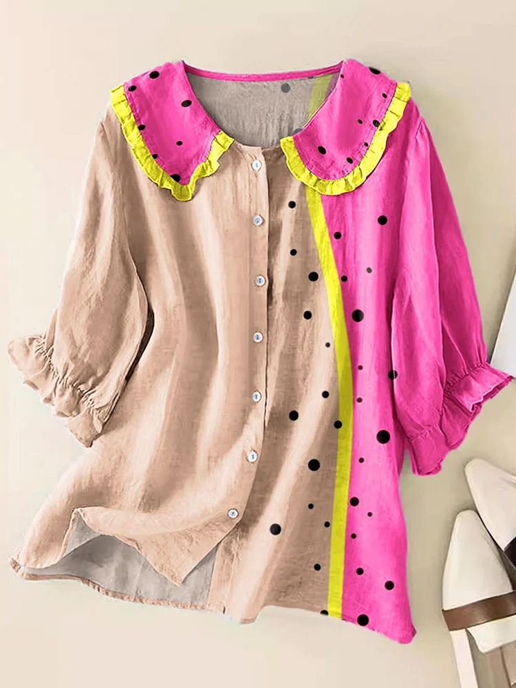 Women Vintage Abstract Geometric Art Print Loose Peter Pan Collar Half Sleeve Blouses
