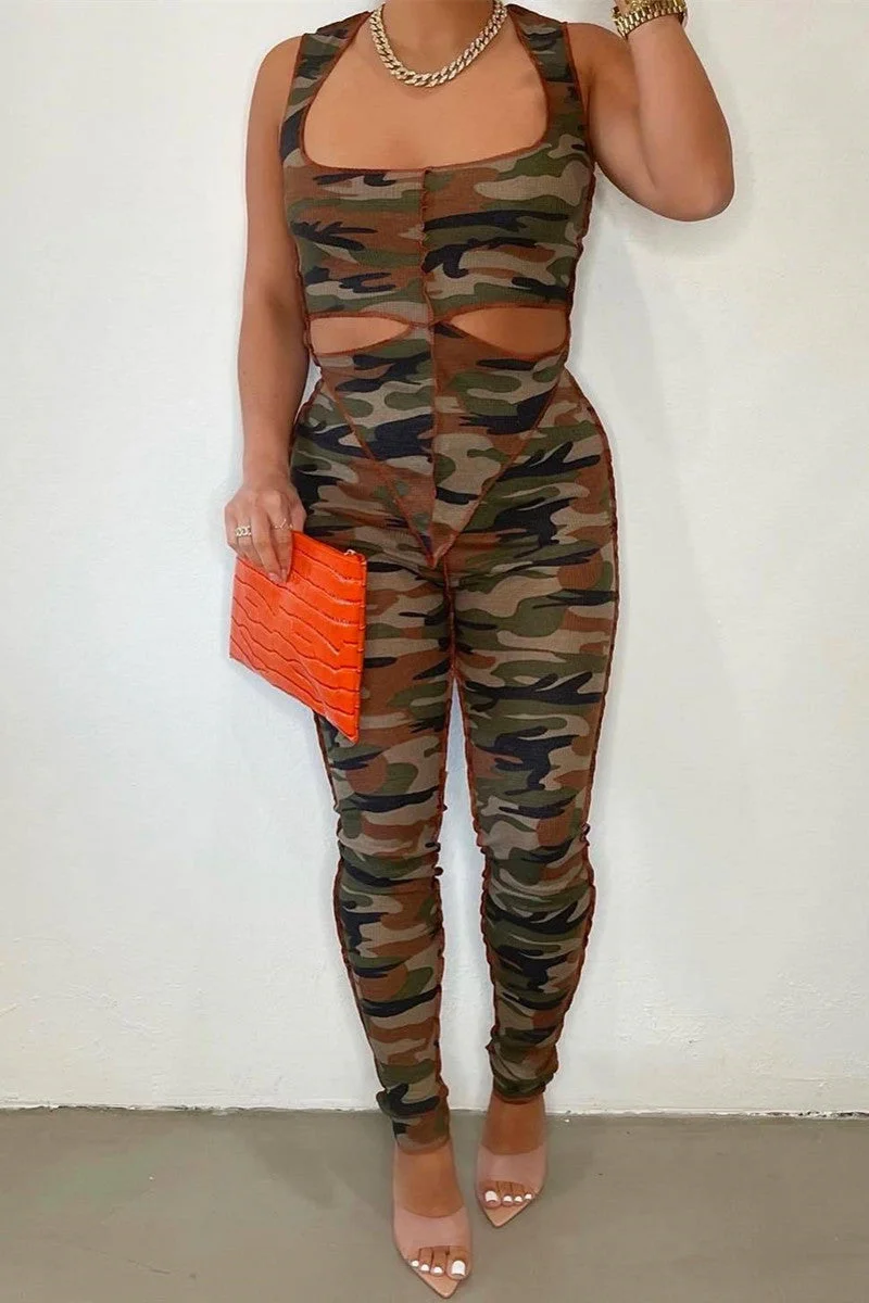 Fashion Casual Camouflage Print Hollowed Out Asymmetrical U Neck Sleeveless Two Pieces