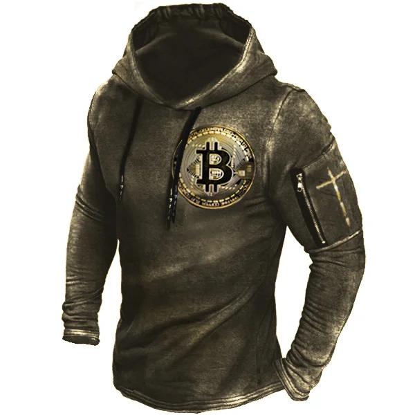 Bitcoin Jesus Cross Retro Men's Outdoor Casual Hooded Sweatshirt / [viawink] /