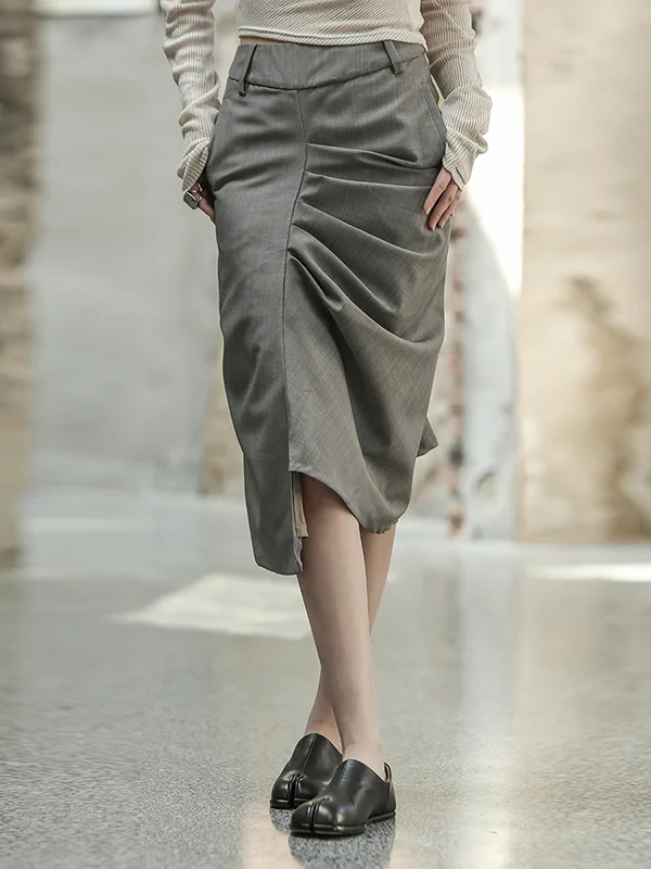 Solid Color Pleated Asymmetric Loose Skirts