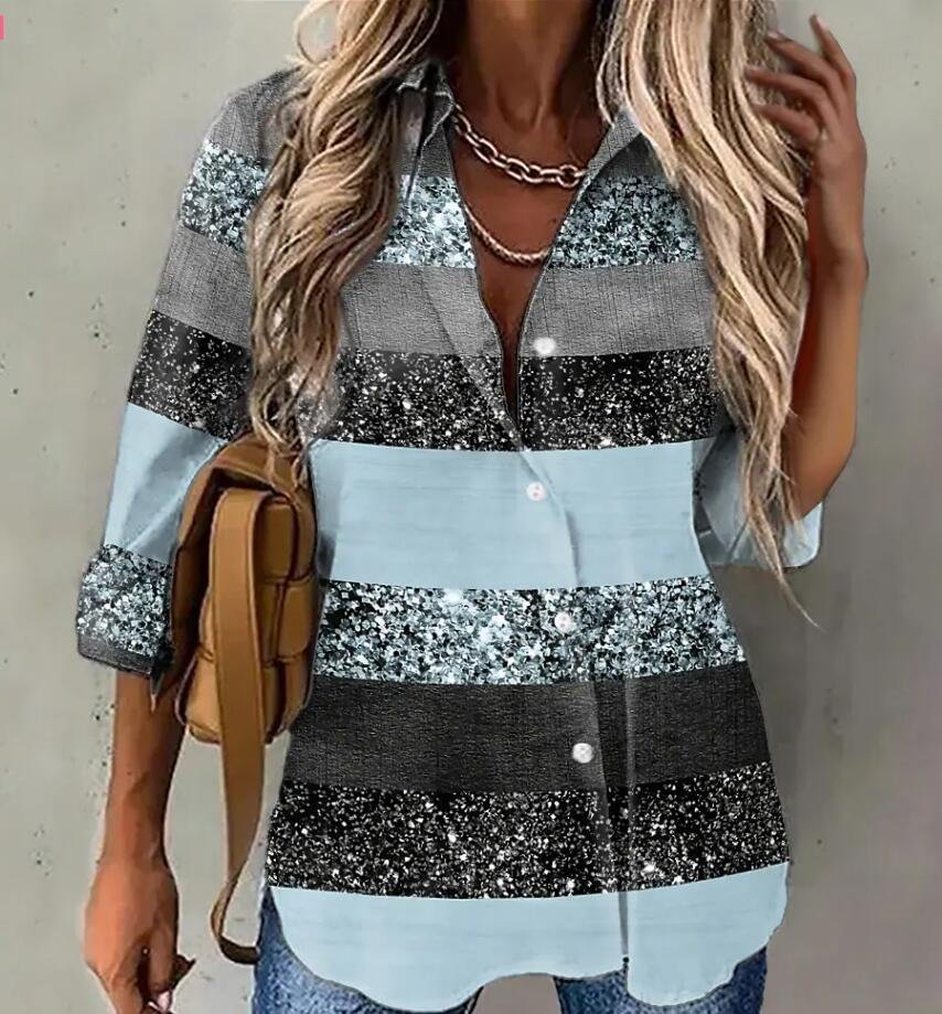 Women's Striped Graphic Sparkly Button Print Collar Blouse