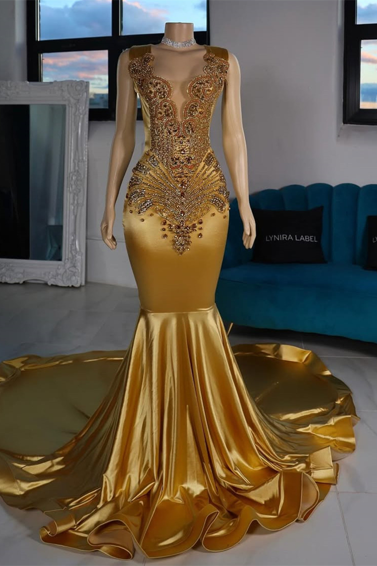 Modern Gold Scoop Sleeveless Mermaid Prom Dress With Beadings Long - lulusllly