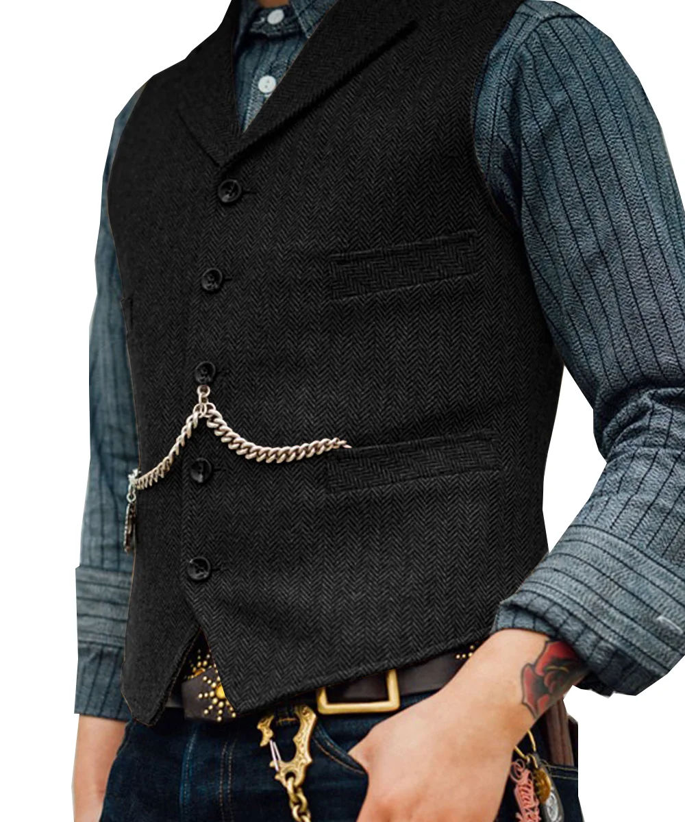 Men's Lapel V Neck Wool Herringbone Casual Waistcoat Formal Groomsman Business Suit Vest For Wedding