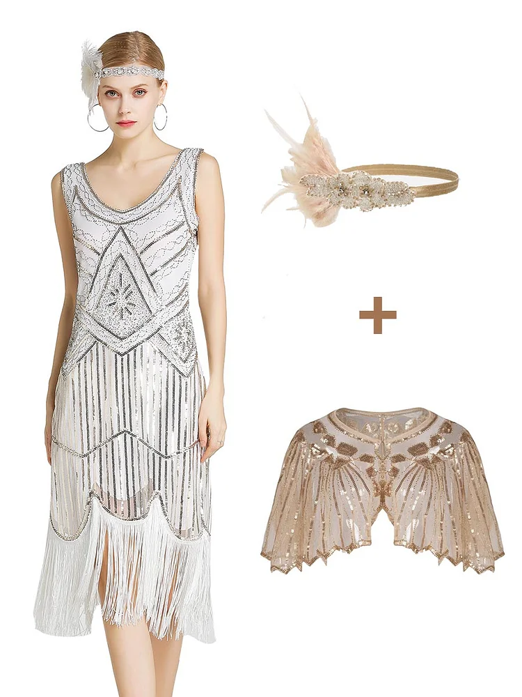 Mayoulove 3Pcs Top Seller 1920s Dress & Gatsby Headpiece & Lace Shawl-Mayoulove