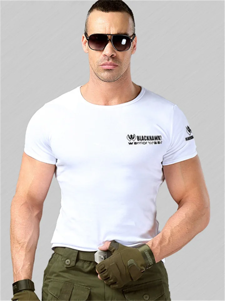 Round Neck Short Sleeve Tight T-shirt Stretch Men's Cotton Fitness Half Sleeve Military Fan T-shirt-Mixcun