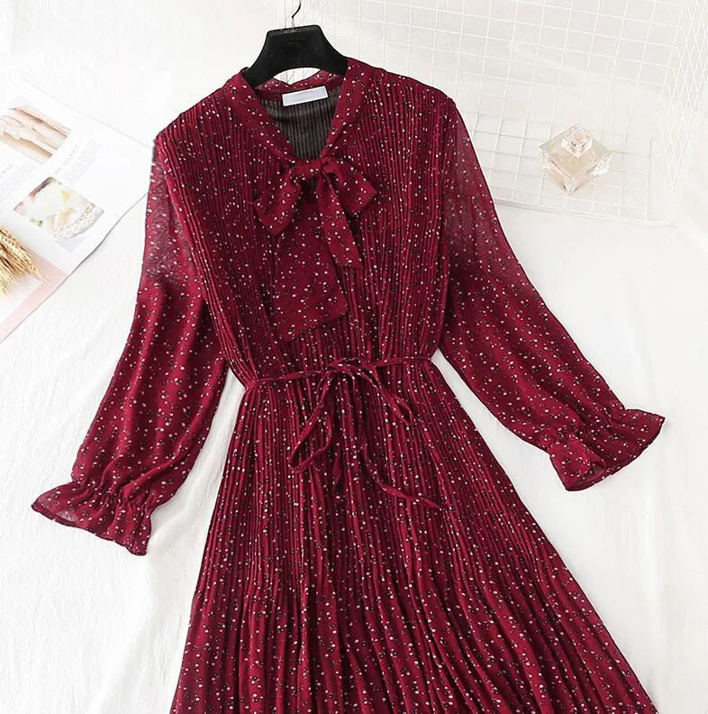 2020 Elegant Women Dress Vintage Bow Polka Dot Print Loose Midi Dress Female Casual Ruffles Pleated Chiffon Dresses Vestidos