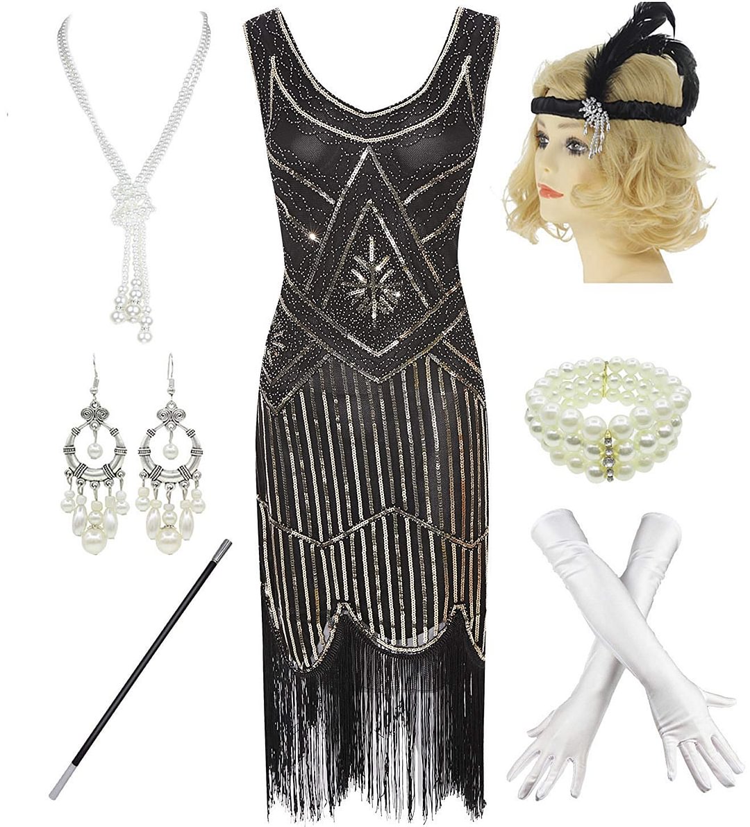 1920s  Great Gatsby Accessories  Sequin Fringed Paisley Flapper Dress with 20s Accessories Set