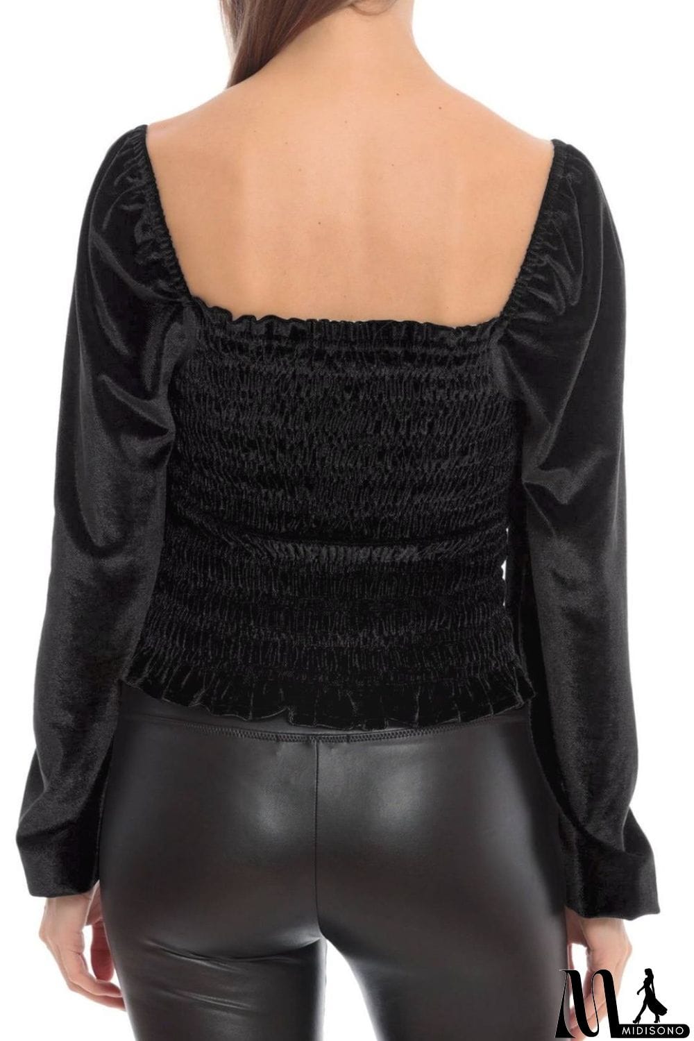 MidiSono - Smocked Square Neck Long Sleeve Blouse