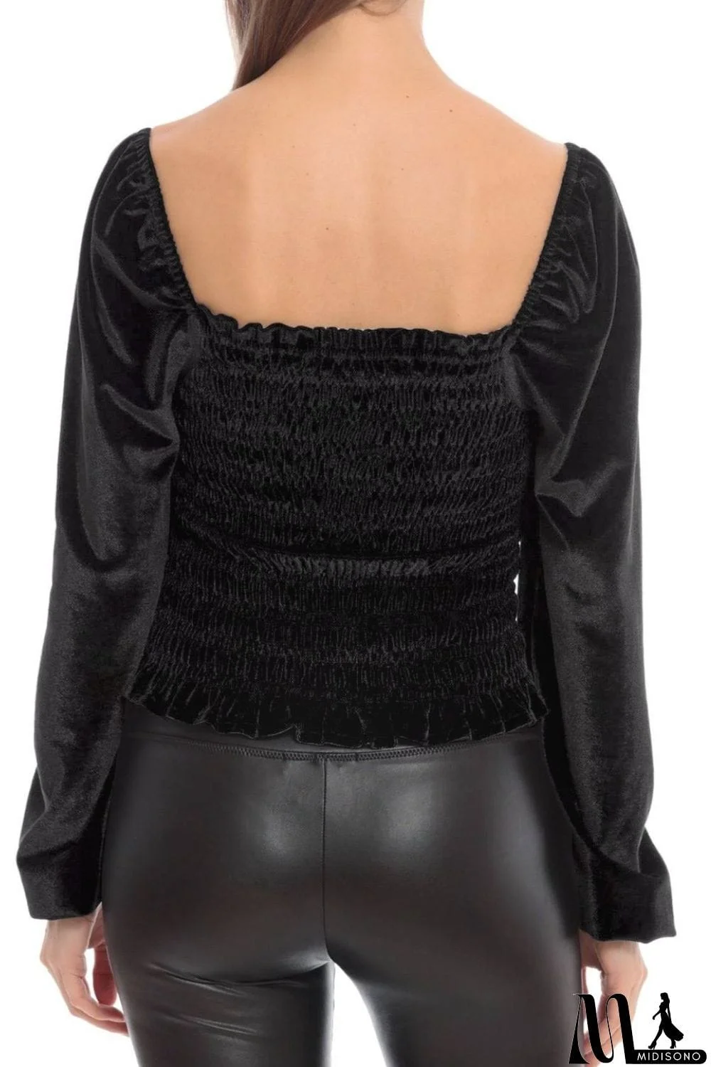 MidiSono - Smocked Square Neck Long Sleeve Blouse