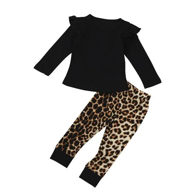 Cute Leopard O-Neck Long Sleeve Tops Pants Clothes