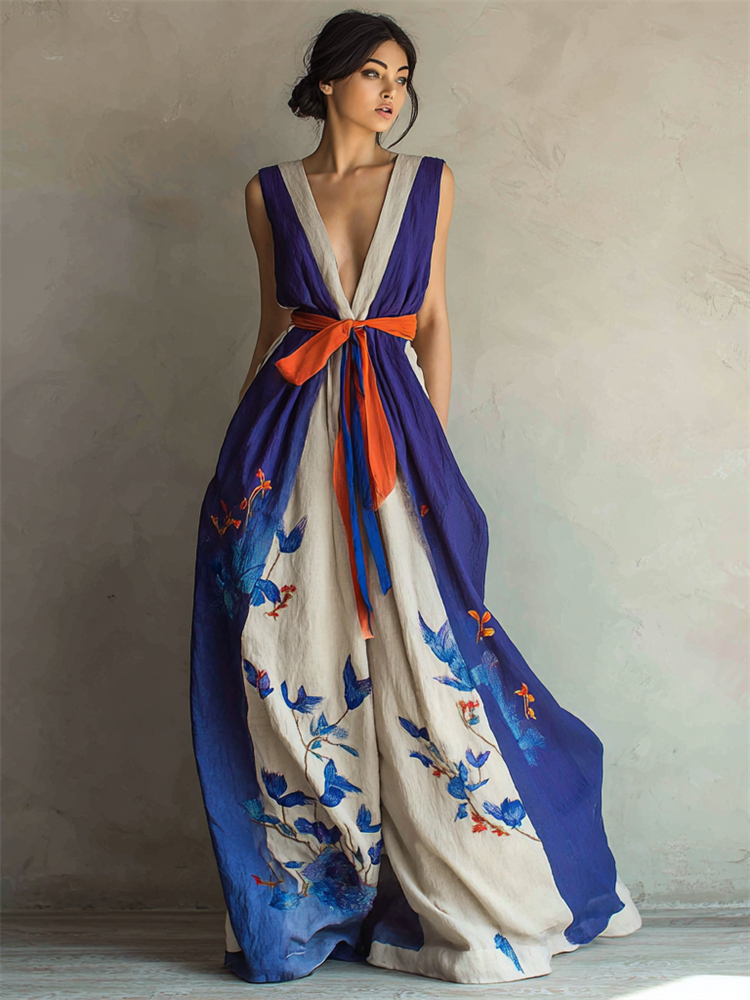 Classy Japanese Floral Contrast Flowy Tied Linen Maxi Dress wearshes